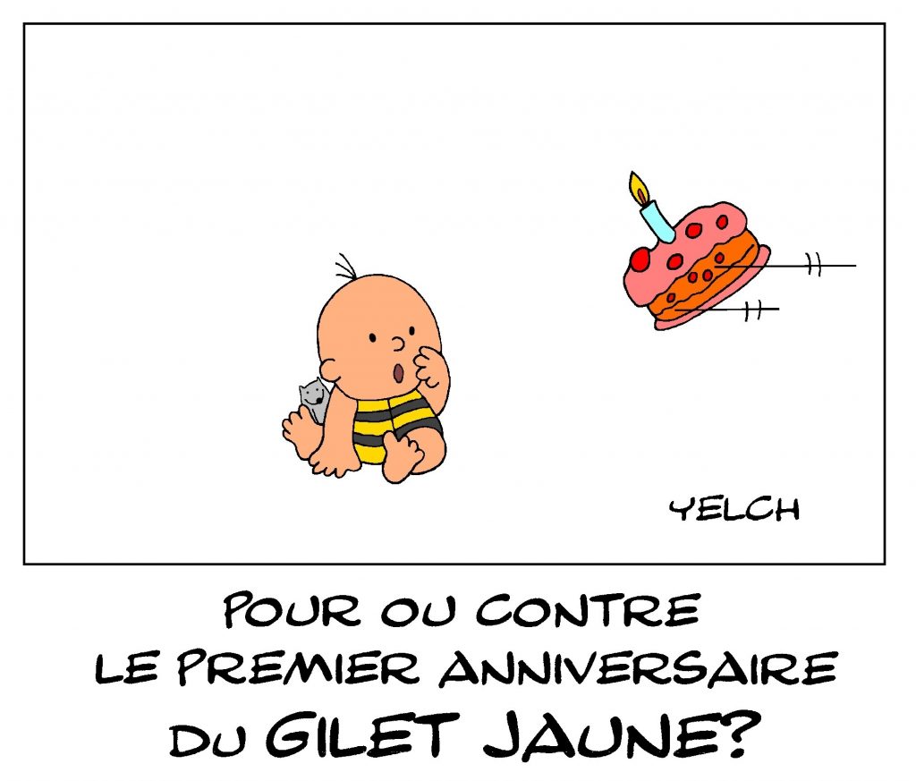 dessin de Yelch sur le premier anniversaire du mouvement des gilets jaunes