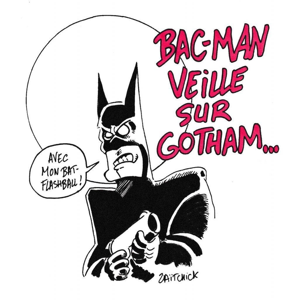 dessin de Zaïtchick sur le parallèle entre Batman, les flashballs, et les violences policières