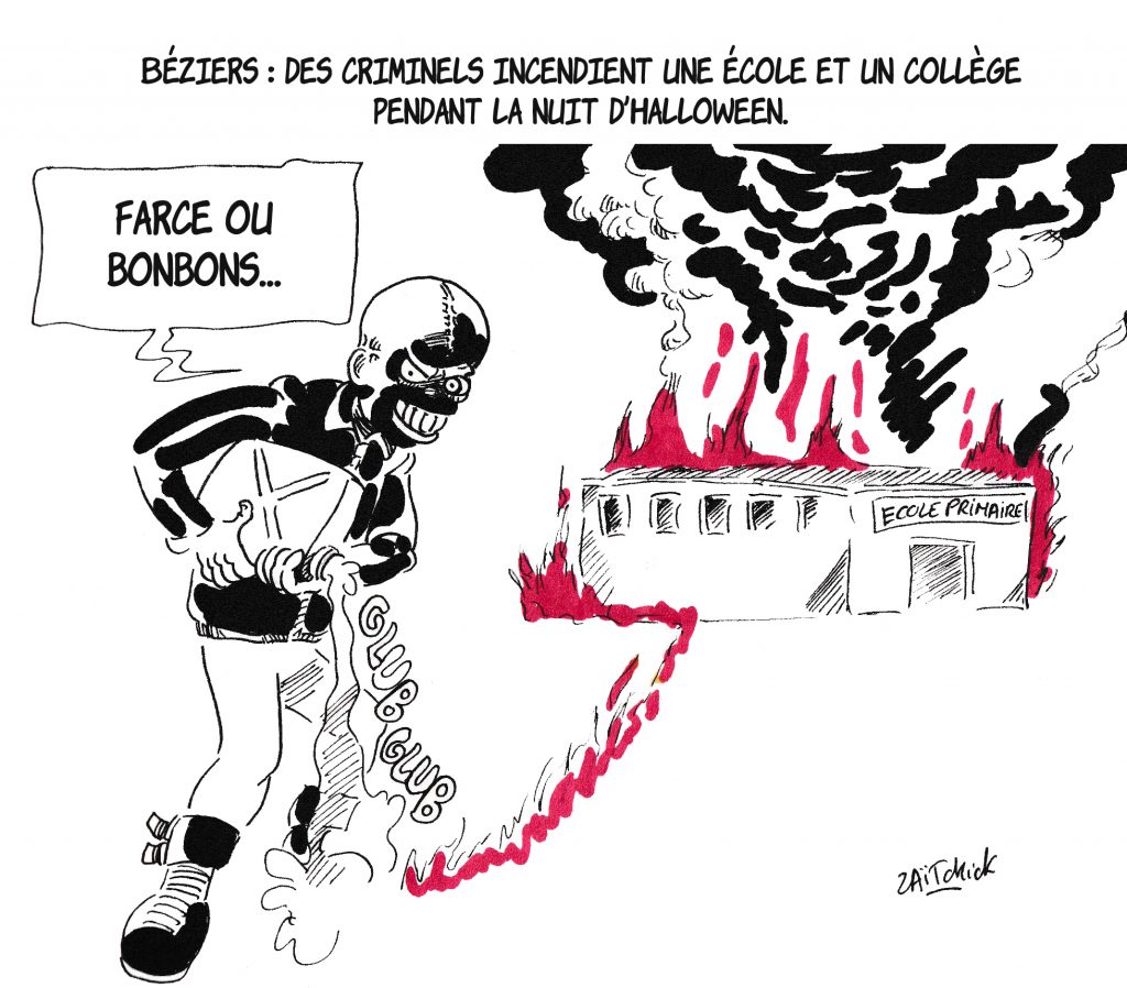 dessin de Zaïtchick sur les incendies d'une école et d'un collège à Béziers