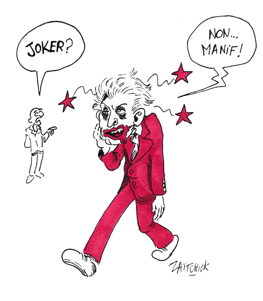 dessin de Zaïtchick sur un manifestant tabassé grimé en Joker