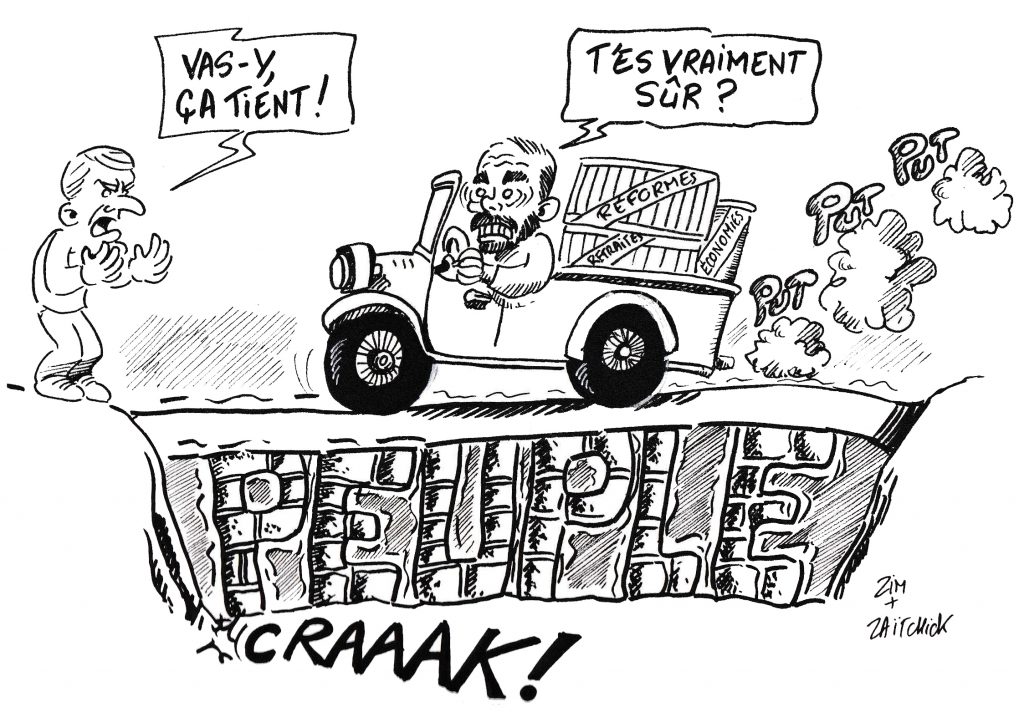 Dessin de Zaïtchick sur Édouard Philippe dans un camion qui franchit un pont branlant encouragé par Emmanuel Macron