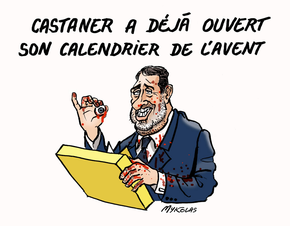 dessin d’actualité humoristique sur le calendrier de l’Avent de Christophe Castaner et les violences policières