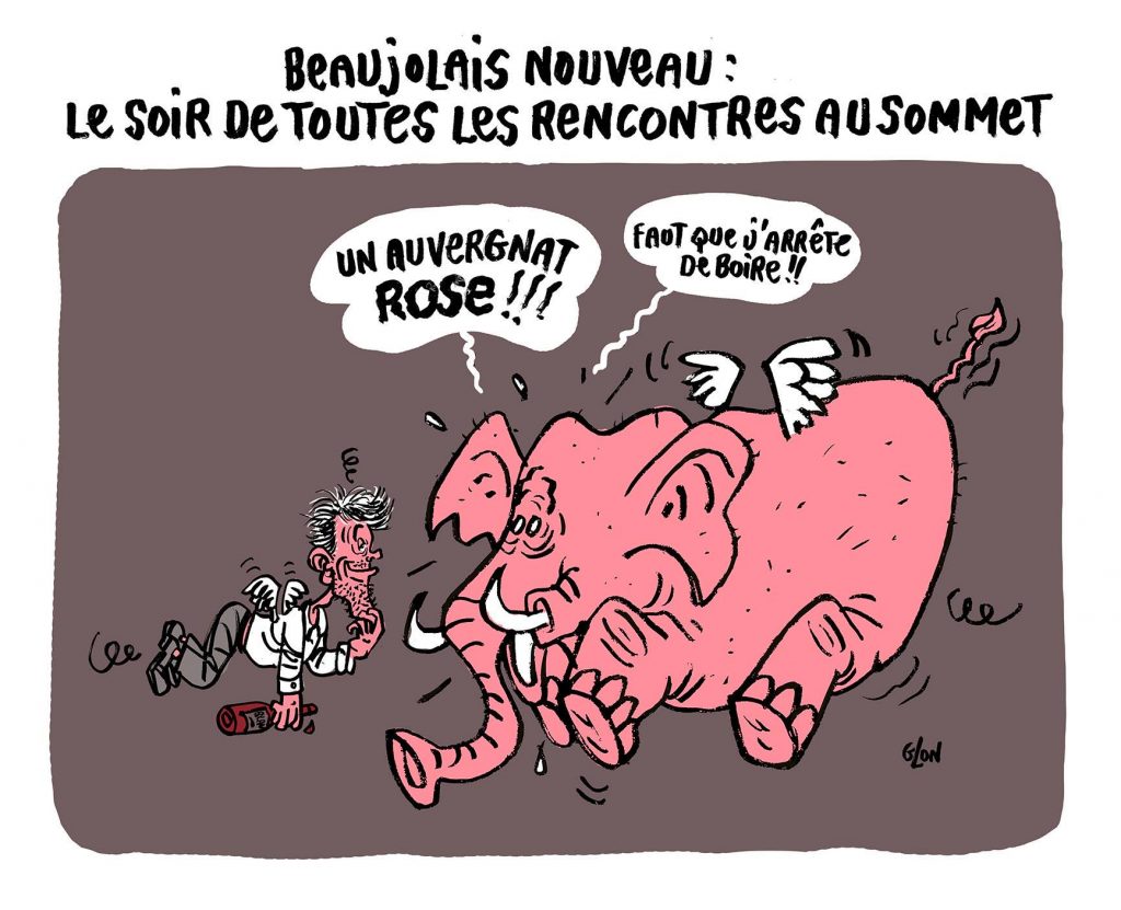 dessin humoristique de Glon sur les éléphants roses et le beaujolais nouveau