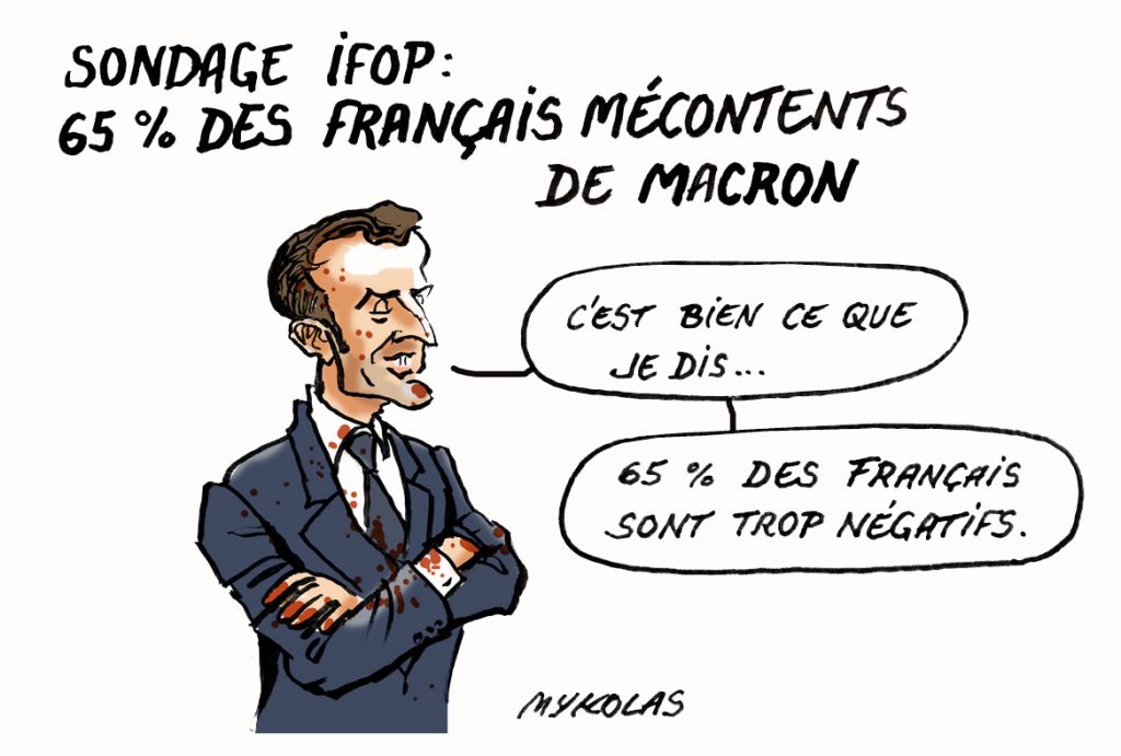 dessin d’actualité humoristique de Mykolas sur le sondage IFOP donnant 65% de français mécontents de la politique d’Emmanuel Macron