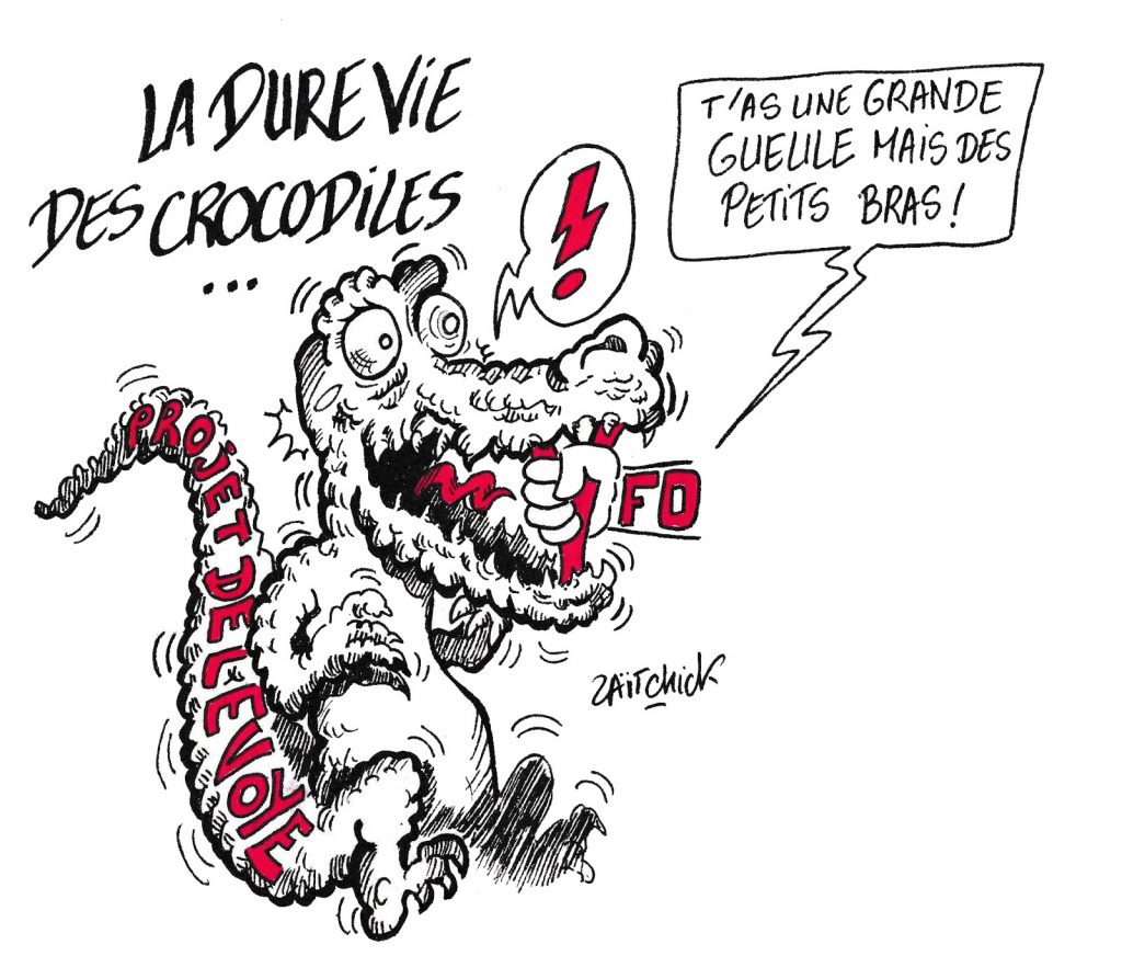 dessin de Zaïtchick sur l’appel à la grève de Force Ouvrière contre le projet de réforme des retraites porté par Jean-Paul Delevoye