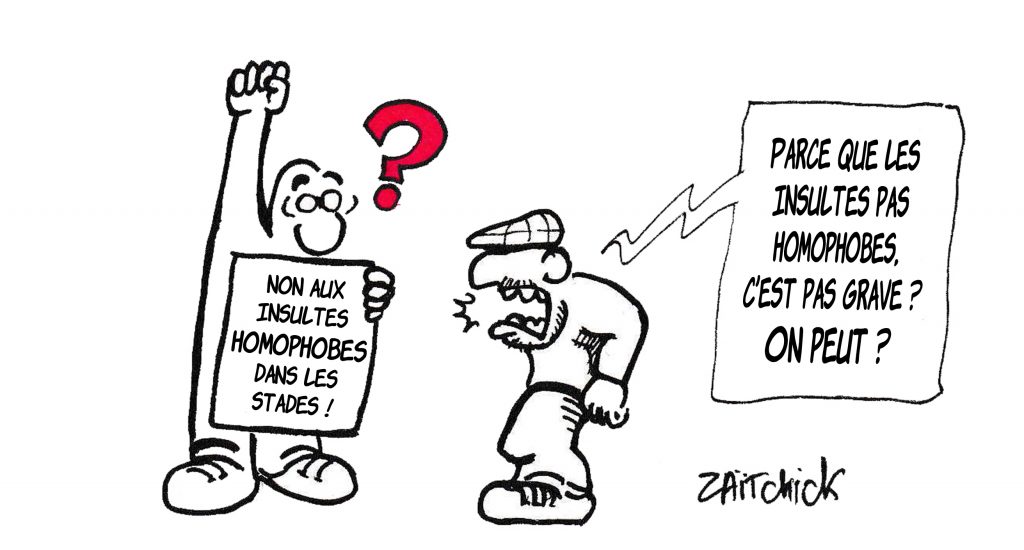 dessin de Zaïtchick sur un manifestant contre les insultes homophobes dans les stades et un supporter