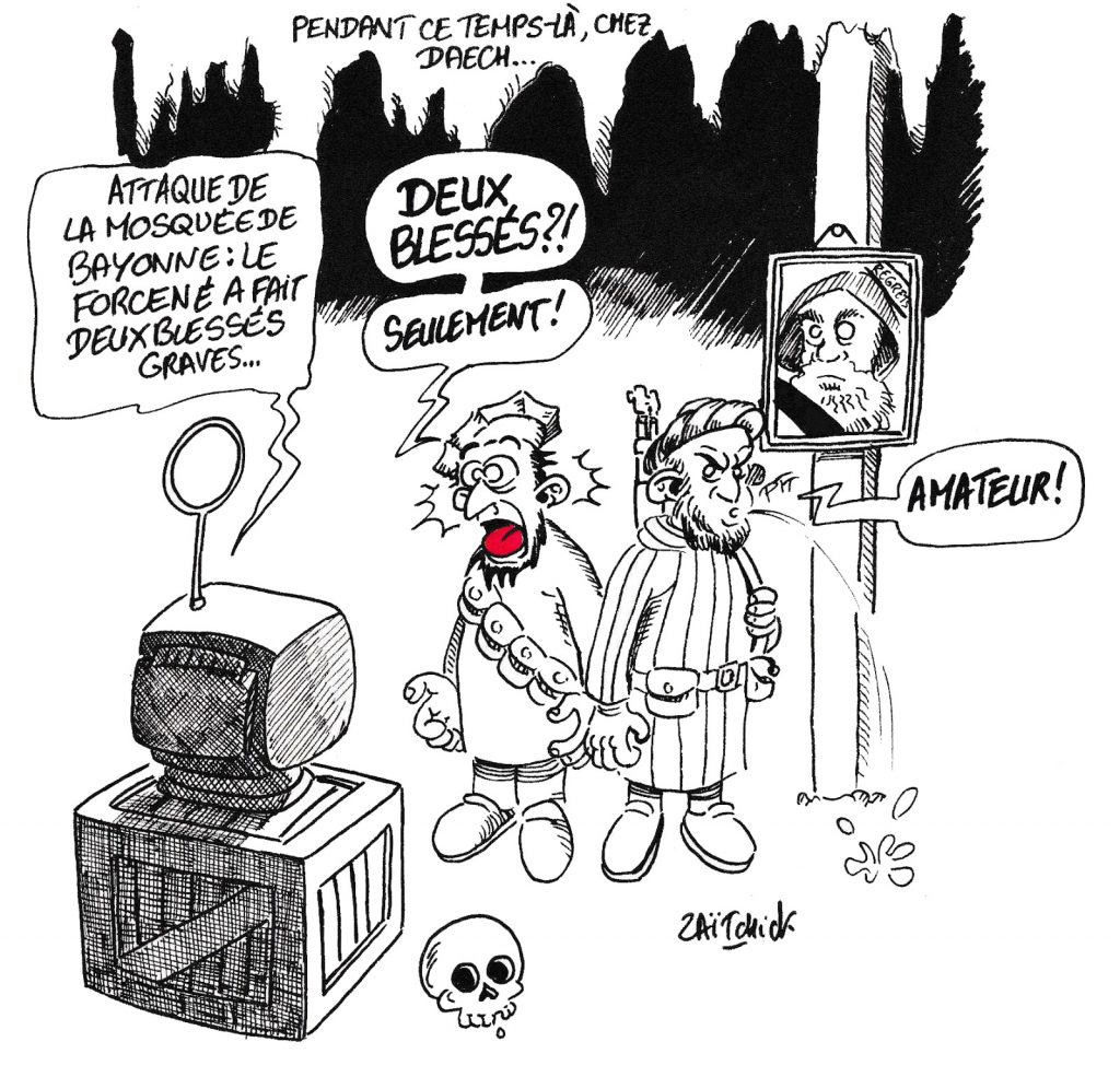 dessin de Zaïtchick sur deux terroristes de l’état islamique qui commentent l'attentat de Bayonne