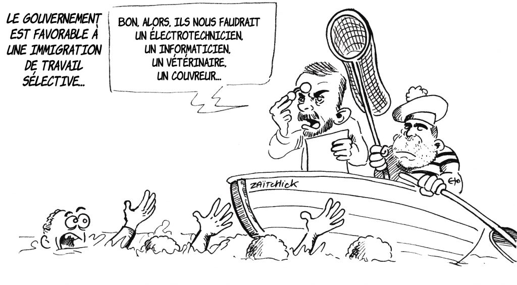 dessin d’actualité de Zaïtchick sur Édouard Philippe et Christophe Castaner à la pêche aux migrants diplômés