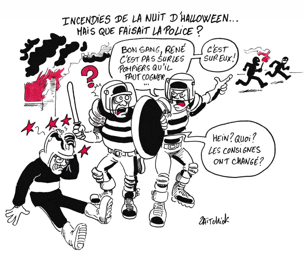 dessin de Zaïtchick sur les policiers qui tapent sur les pompiers au lieu d'arrêter les criminels