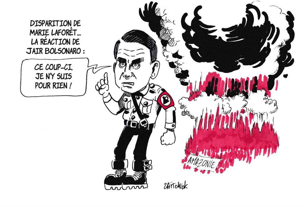 dessin de Zaïtchick sur Jair Bolsonaro commentant la disparition de Marie Laforêt