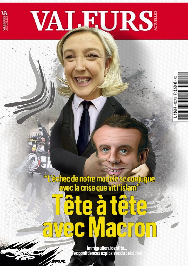 dessin d’actualité humoristique de Jerc sur Emmanuel Macron à la une de Valeurs Actuelles