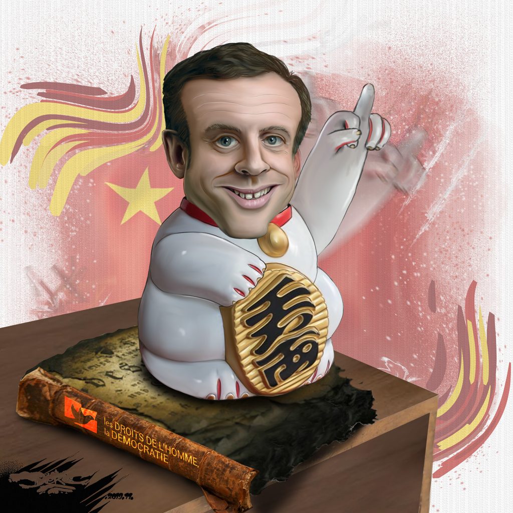 dessin d’actualité humoristique de Jerc sur le voyage en Chine d’Emmanuel Macron