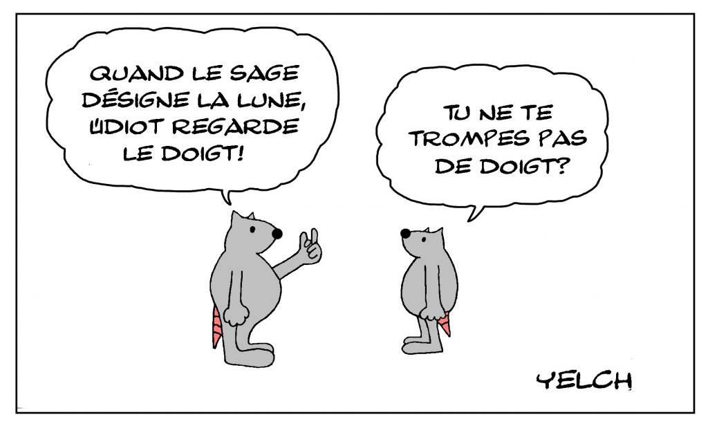 dessin de Yelch sur la lune, le doigt du sage et l’idiot