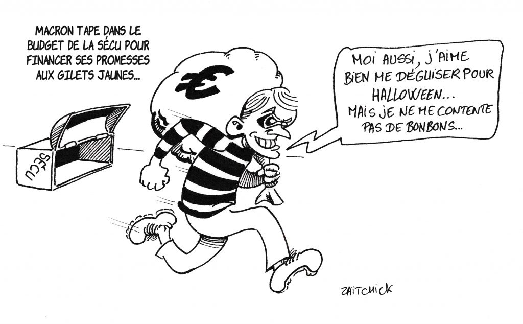 dessin de Zaïtchick sur Emmanuel Macron vidant les coffres de l’Assurance Maladie