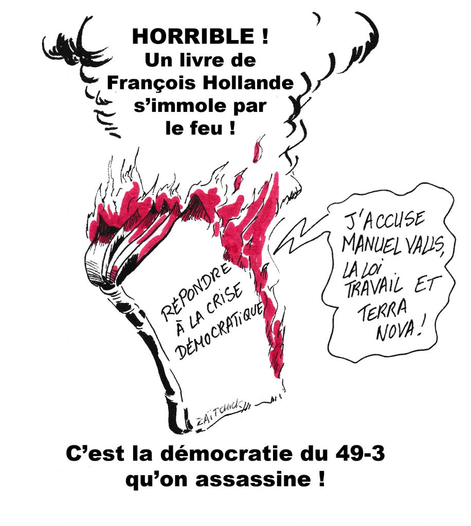 dessin de Zaïtchick sur un livre de François Hollande qui brûle