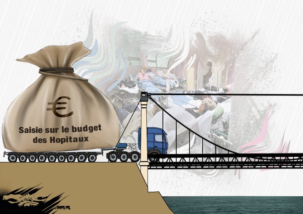 dessin d’actualité humoristique de Jerc sur l’effondrement du pont de Mirepoix-sur-Tarn et la casse du système de santé