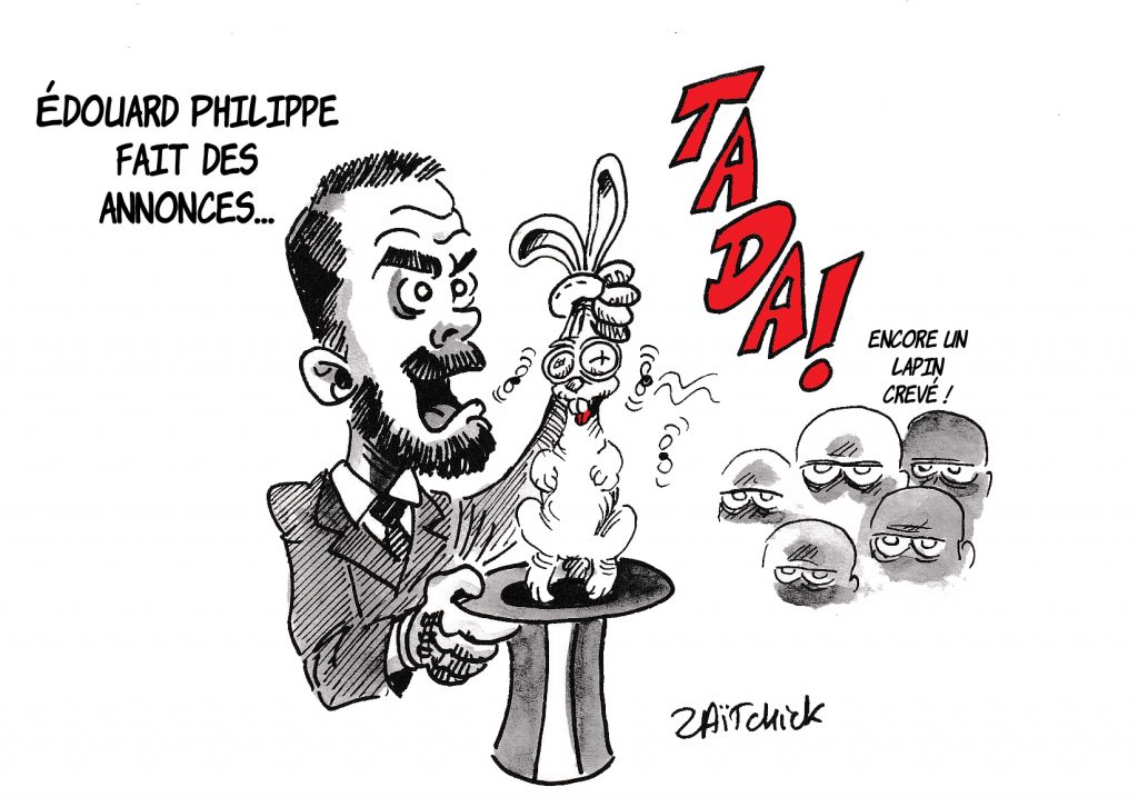 Dessin de Zaïtchick sur Édouard Philippe exposant la réforme des retraites en magicien qui tire un lapin crevé de son chapeau