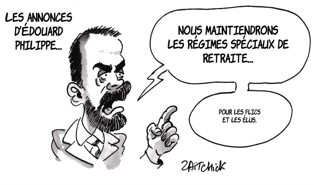 dessin de Zaïtchick sur Édouard Philippe qui fait des annonces sur la réforme des retraites