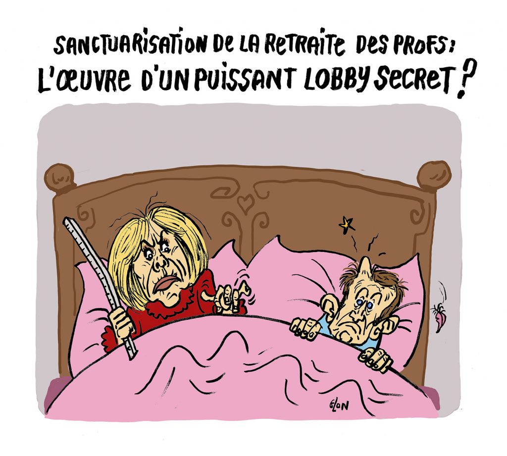 dessin humoristique de Glon sur la réforme des retraites et la grogne dans l’Éducation Nationale vu par le couple Macron