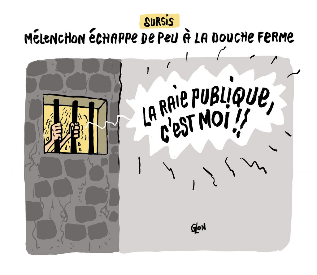 dessin humoristique de Glon sur la condamnation de Jean-Luc Mélenchon pour rébellion lors des perquisitions