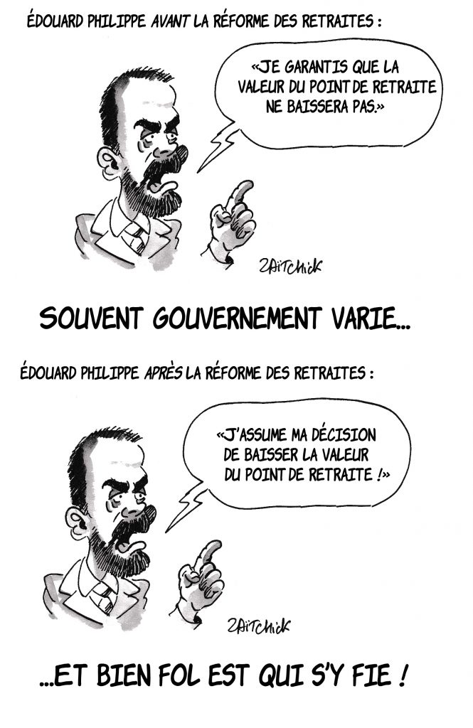 Dessin de Zaïtchick sur Édouard Philippe qui fait des annonces sur la réforme des retraites