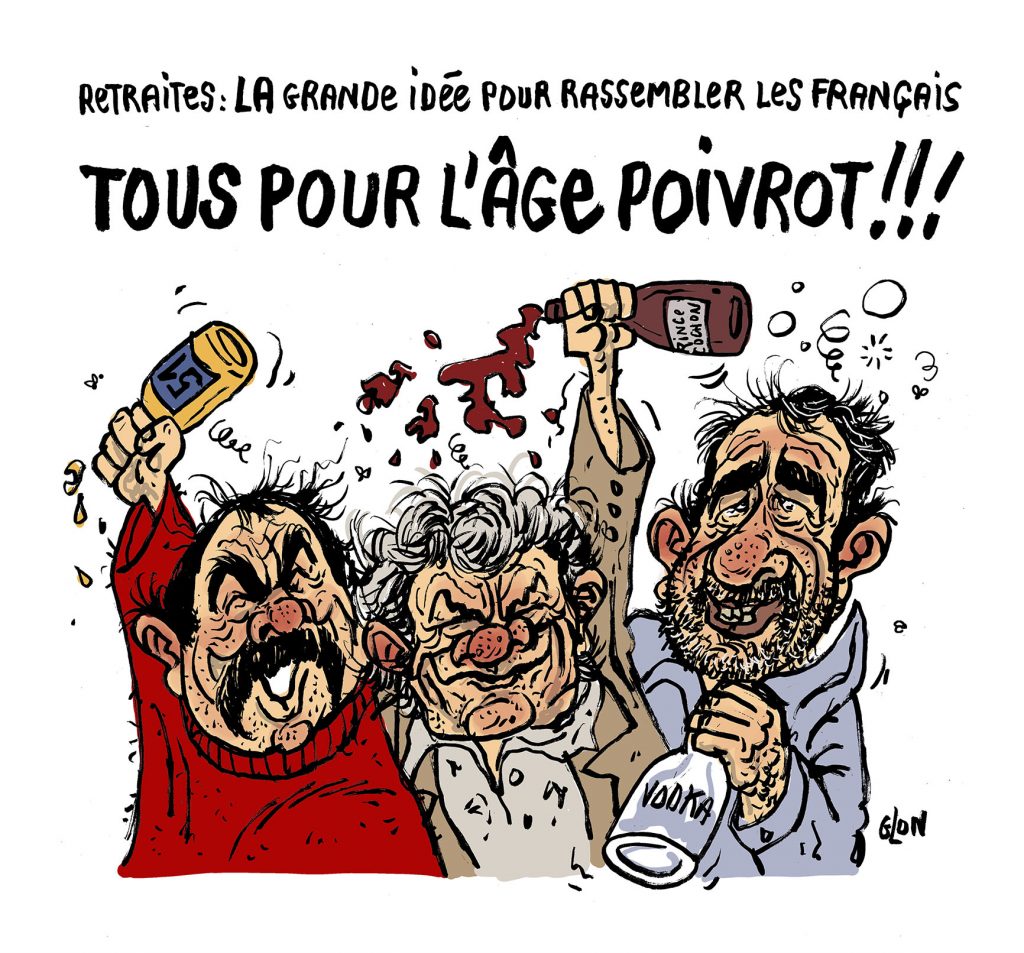 dessin humoristique de Glon sur l’âge pivot de la réforme des retraites