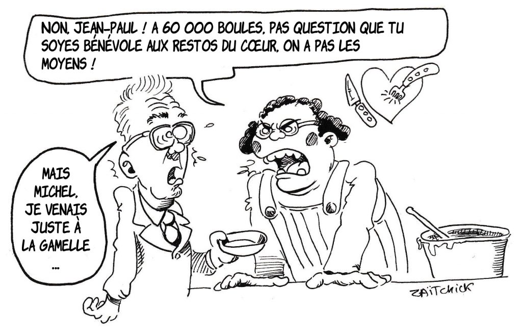 Dessin de Zaïtchick sur Coluche et Jean-Paul Delevoye aux Restos du Cœur