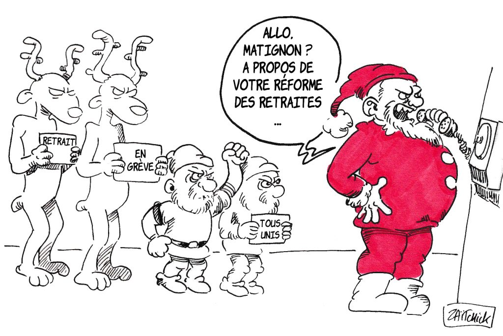 Dessin de Zaïtchick sur le Père Noël face à une grève des rennes et des nains