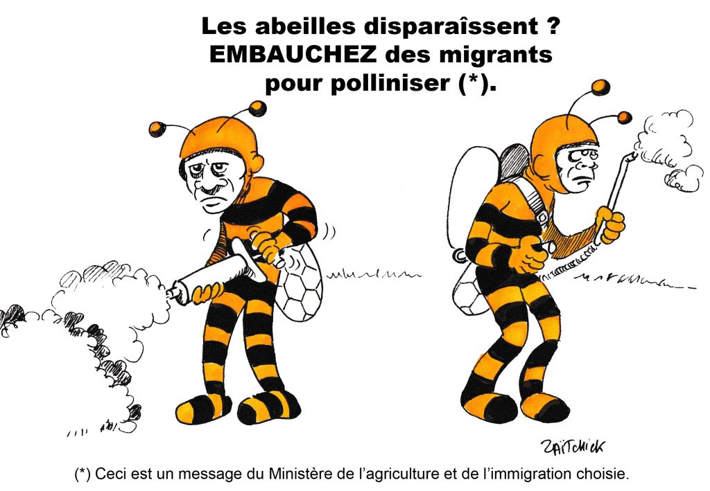 dessin humoristique de Zaïtchick sur des migrants déguisés en abeilles qui pollinisent