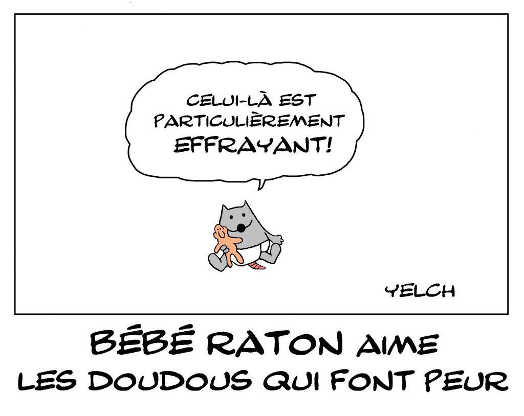 dessin de Yelch sur bébé raton et de son doudou homme effrayant