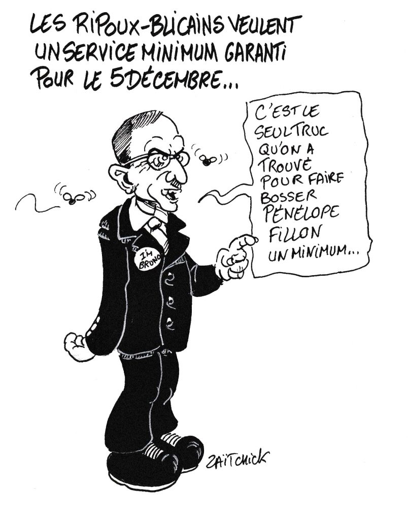 dessin d’actualité de Zaïtchick sur Bruno Retailleau réclamant un service minimum pour le 5 décembre