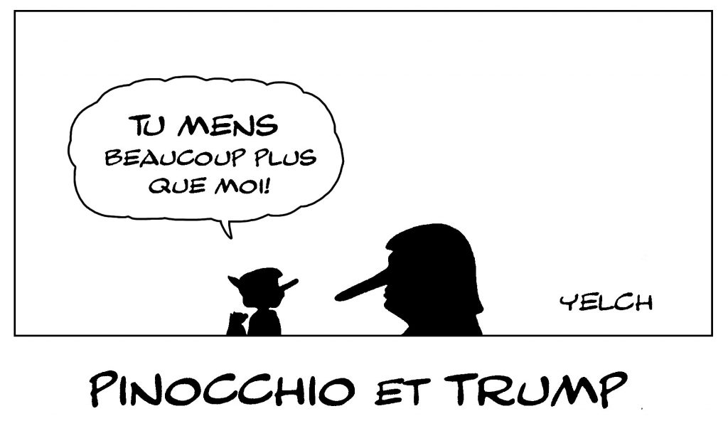 dessin de Yelch sur Pinocchio, Donald Trump et les mensonges