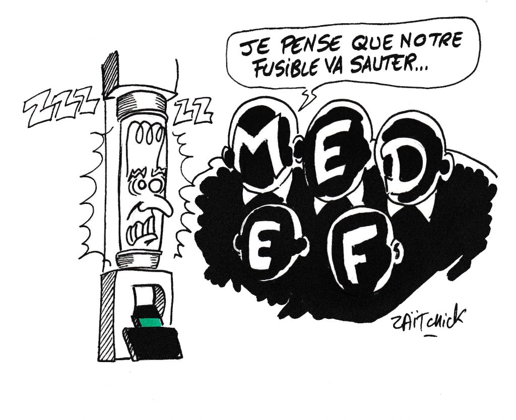 dessin de Zaïtchick sur Emmanuel Macron en fusible sous tension pendant les mouvements sociaux