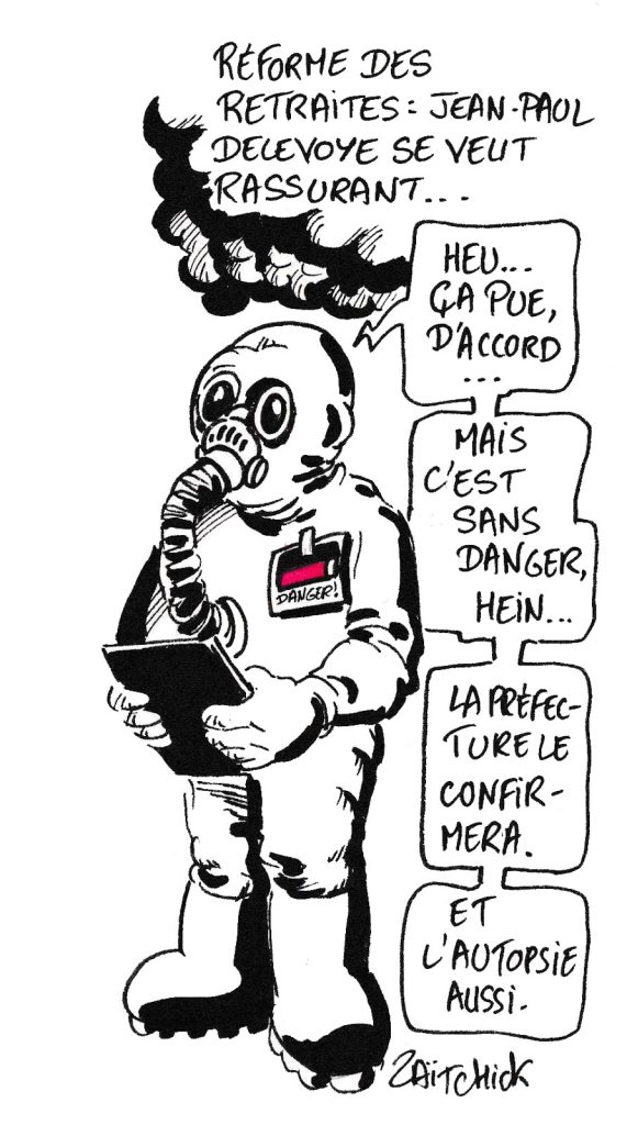 dessin humoristique de Zaïtchick sur l’incendie de Lubrizol et la réforme des retraites menée par Jean-Paul Delevoye