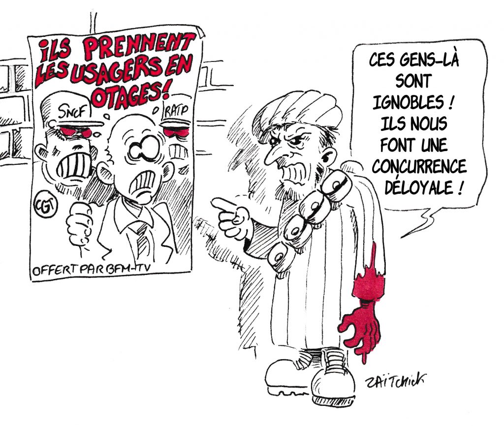 dessin de Zaïtchick sur un terroriste commentant une affiche de propagande anti-grévistes