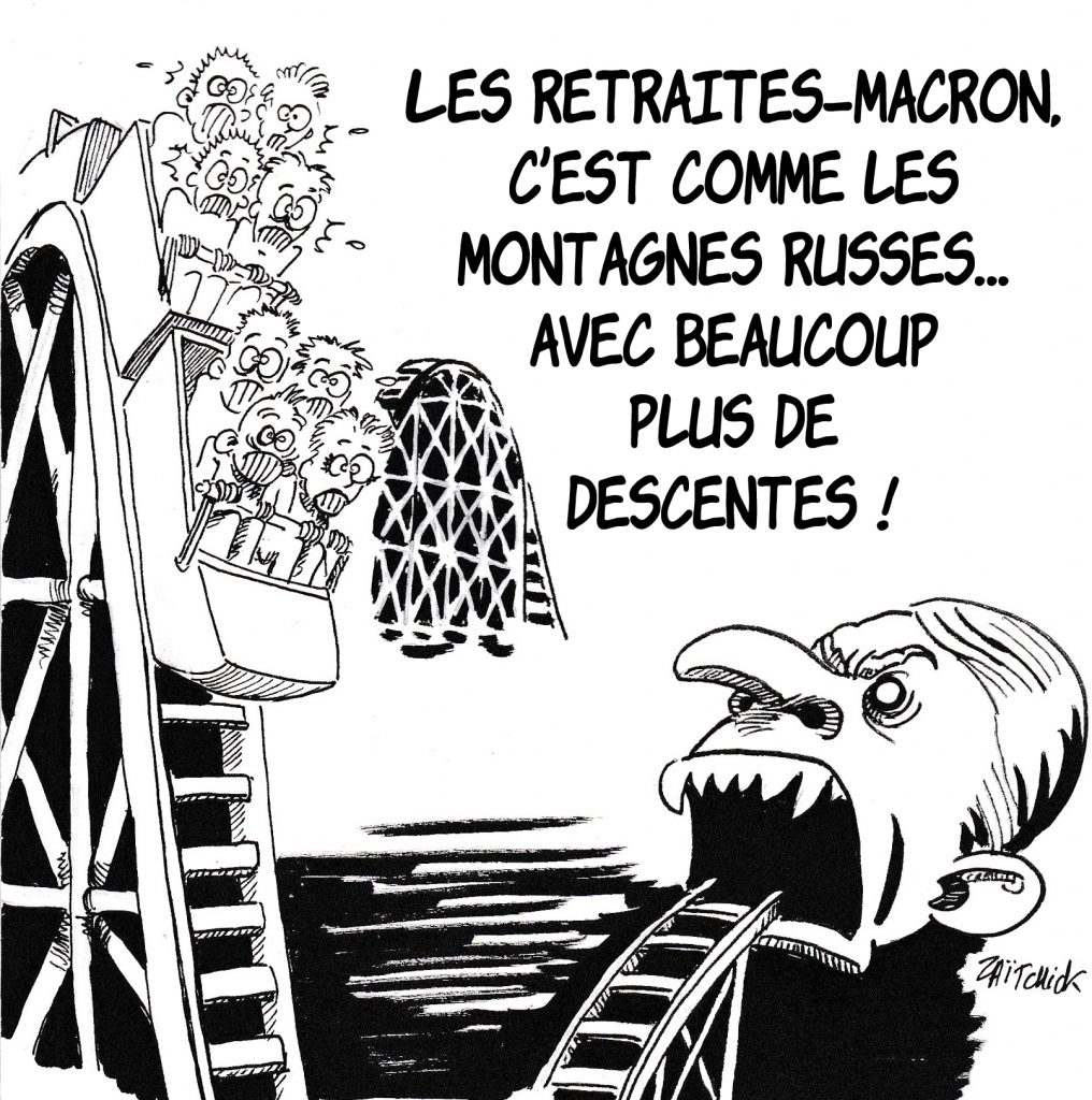 Dessin de Zaïtchick sur les retraités dans des montagnes russes avalés par Emmanuel Macron