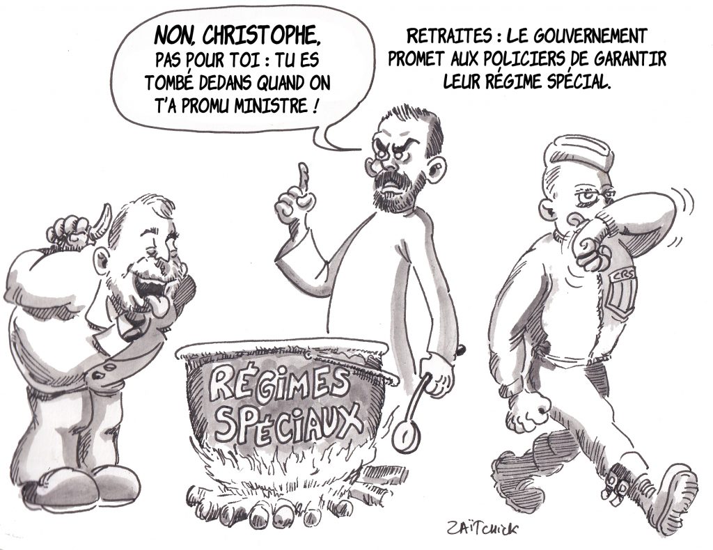 Dessin de Zaïtchick sur Édouard Philippe qui refuse de donner de la potion magique à Christophe Castaner