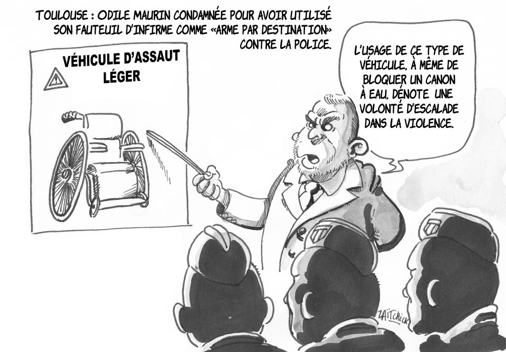 Dessin de Zaïtchick sur Christophe Castaner présentant un fauteuil roulant comme un véhicule d'assaut léger