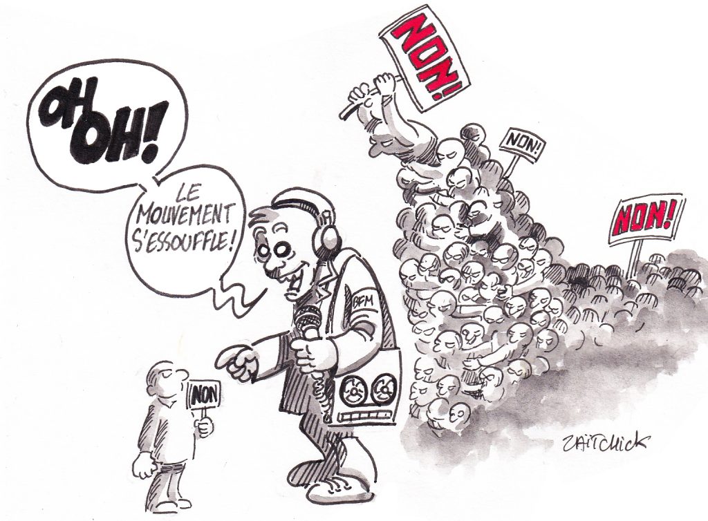 dessin de Zaïtchick sur un journaliste de BFMTV qui commente le mouvement social