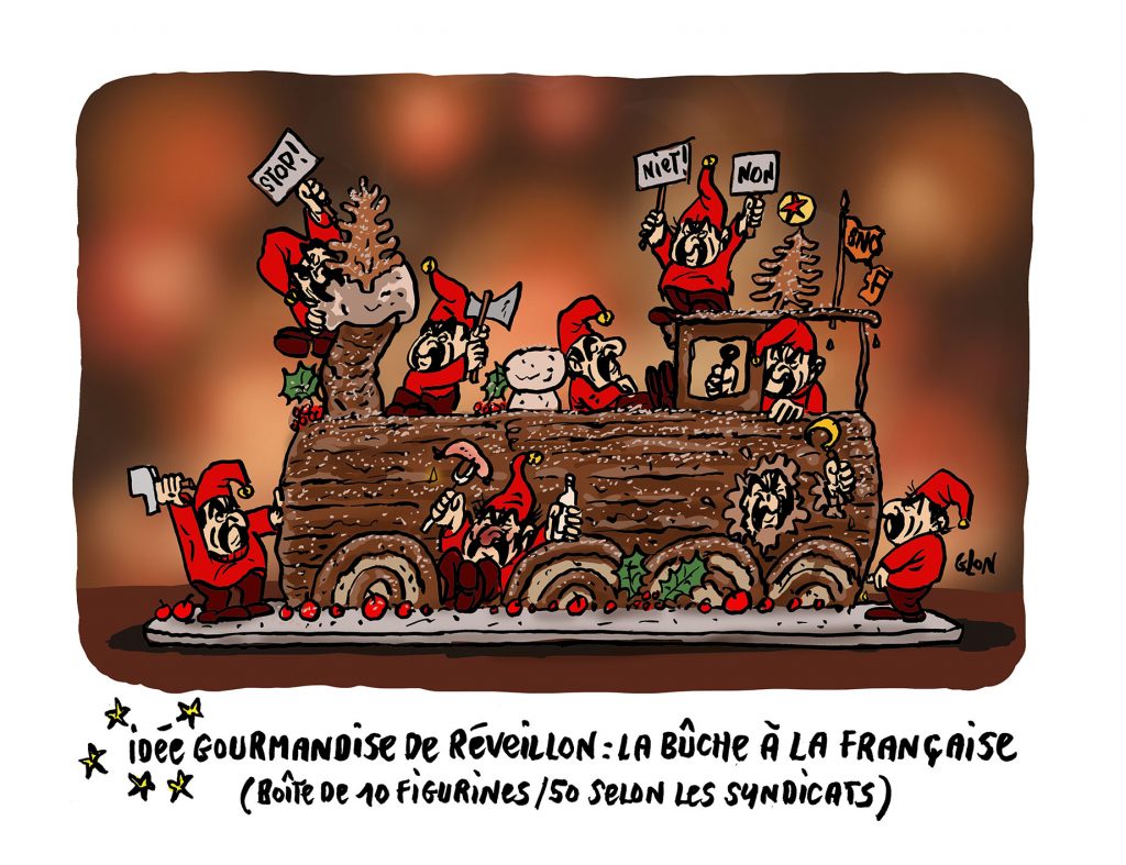 dessin humoristique de Glon sur Philippe Martinez et les grèves de Noël