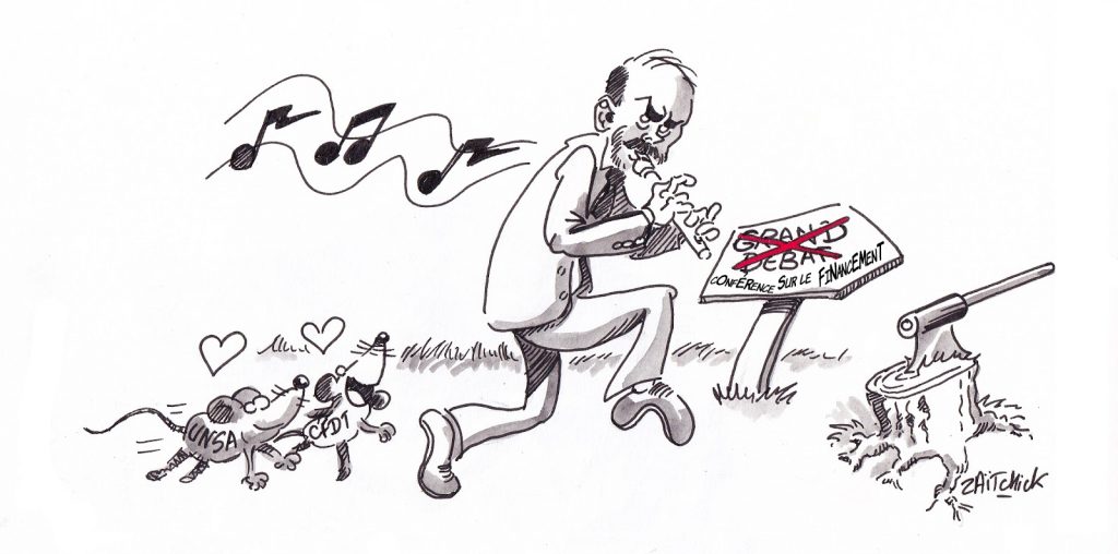 dessin de Zaïtchick sur Édouard Philippe en joueur de flûte de Hamelin charmant les rats de l'UNSA et de la CFDT