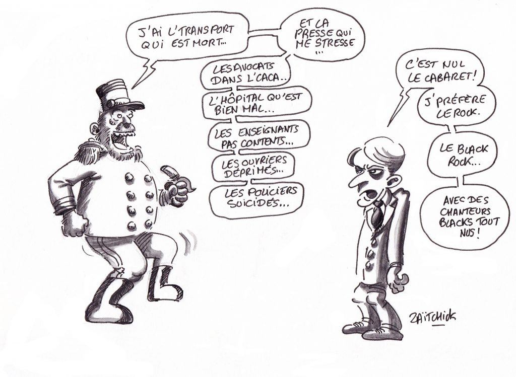 dessin de Zaïtchick sur Christophe Castaner qui chante et Emmanuel Macron