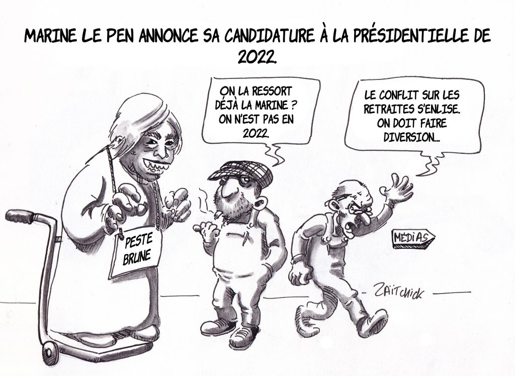 dessin de Zaïtchick sur Marine Le Pen, épouvantail de la présidentielle 2022