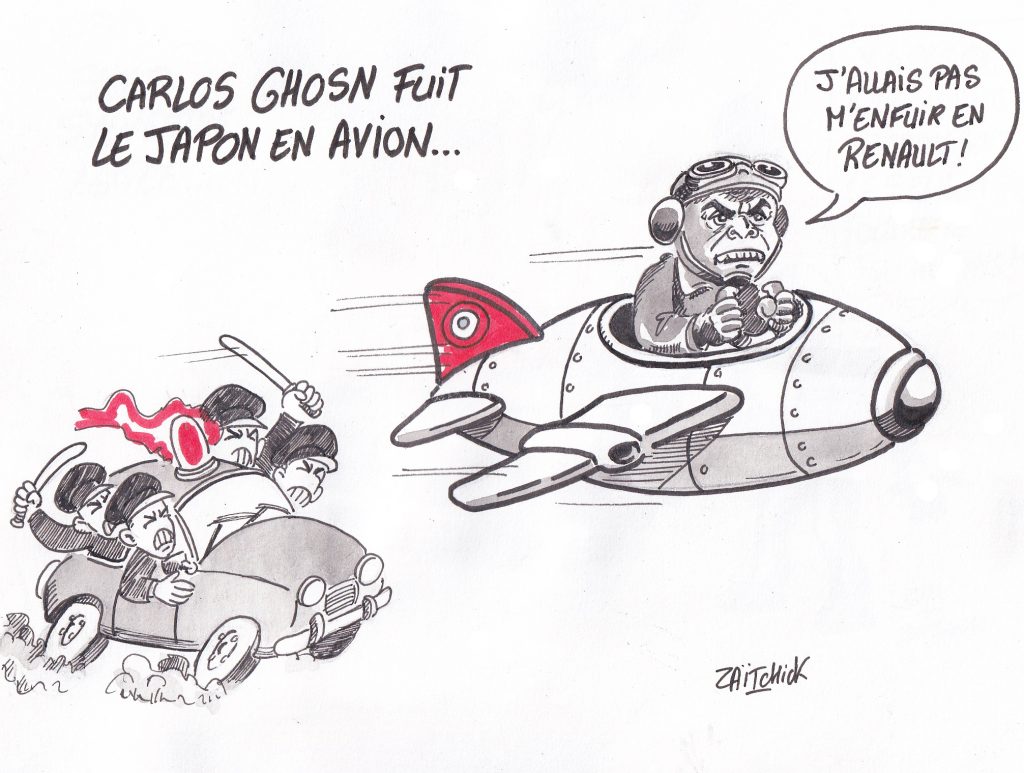 dessin de Zaïtchick sur Carlos Ghosn échappant à la police japonaise en avion