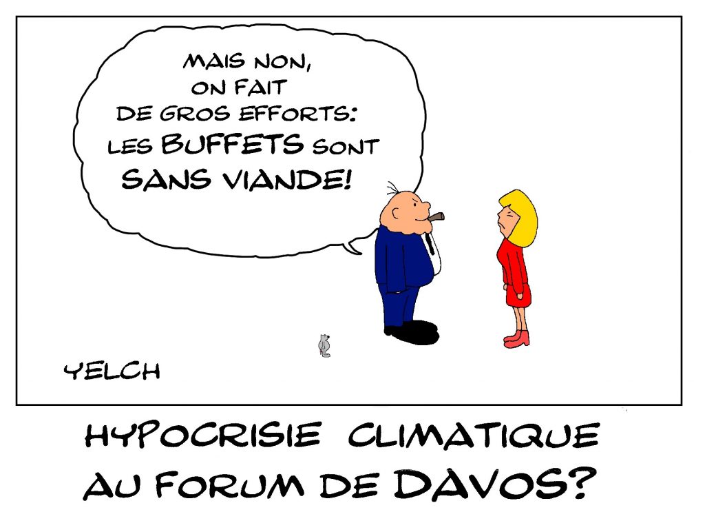 dessin de Yelch sur l’hypocrisie climatique du forum de Davos