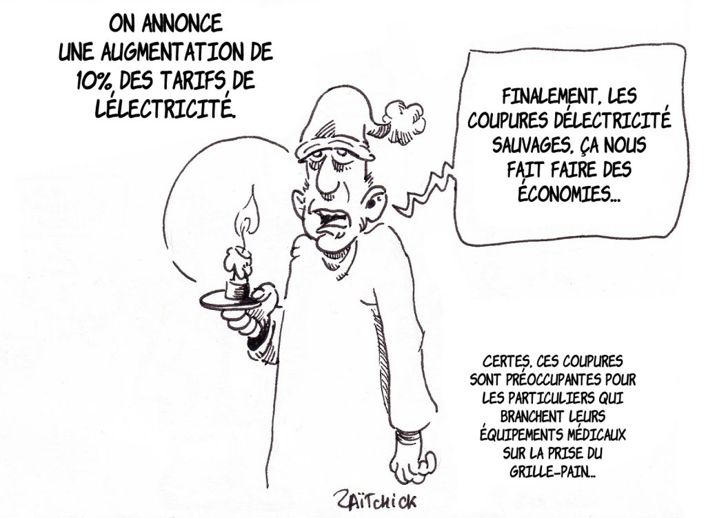 dessin de Zaïtchick sur un usager à qui les coupures de courant font faire des économies d'électricité