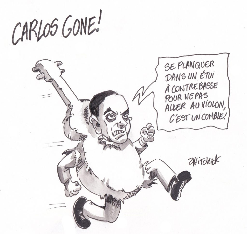 dessin de Zaïtchick sur Carlos Ghosn s'échappant dans un étui à contrebasse