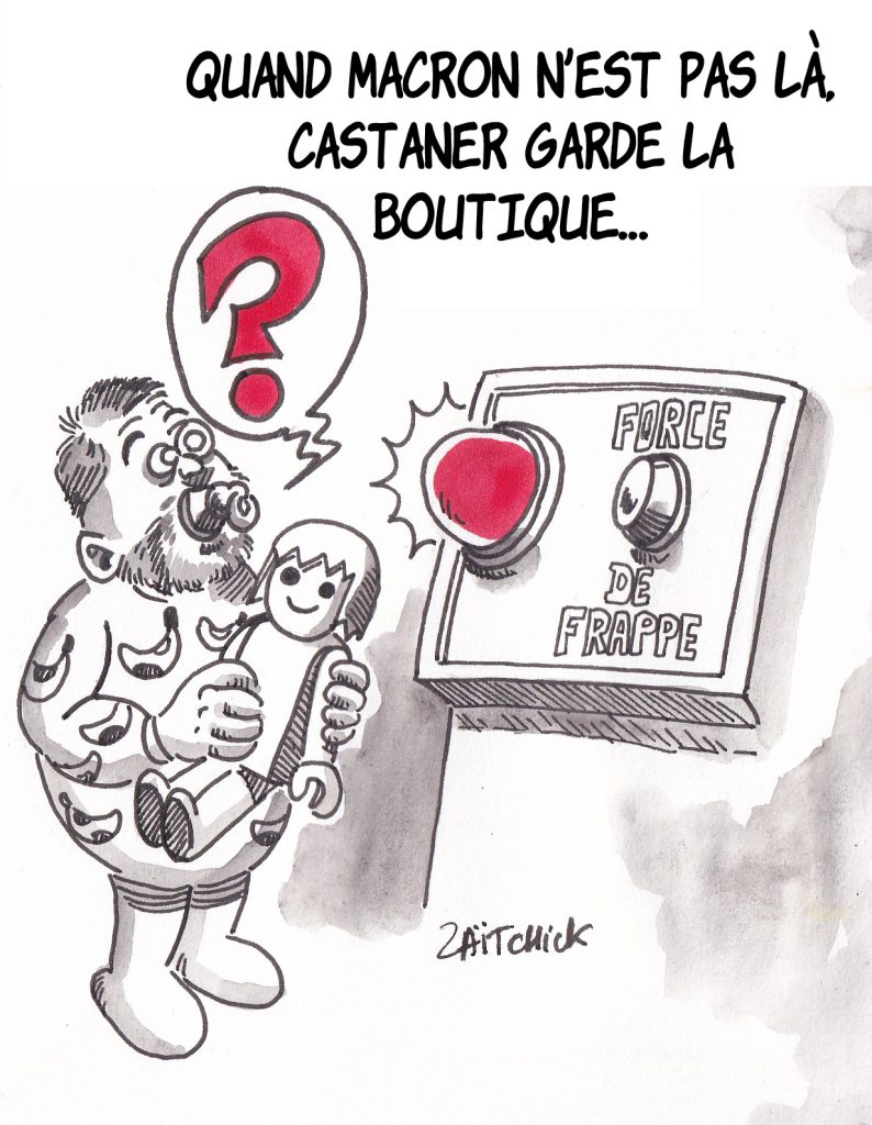 Dessin de Christophe Castaner bébé qui s'approche du bouton de la force de frappe nucléaire