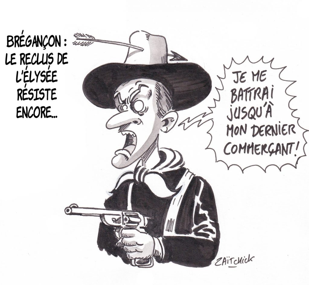 dessin de Zaïtchick sur Emmanuel Macron en cowboy