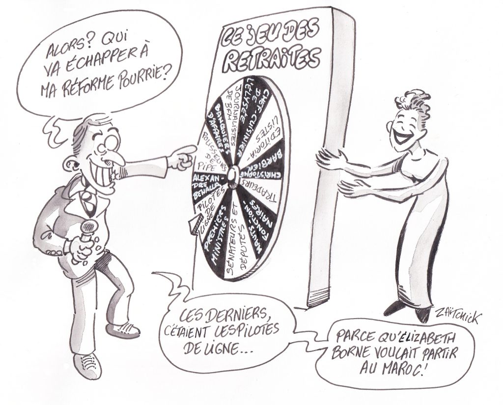 dessin de Zaïtchick sur Emmanuel Macron qui accorde des dérogations à son régime de retraite universel en faisant tourner une roue
